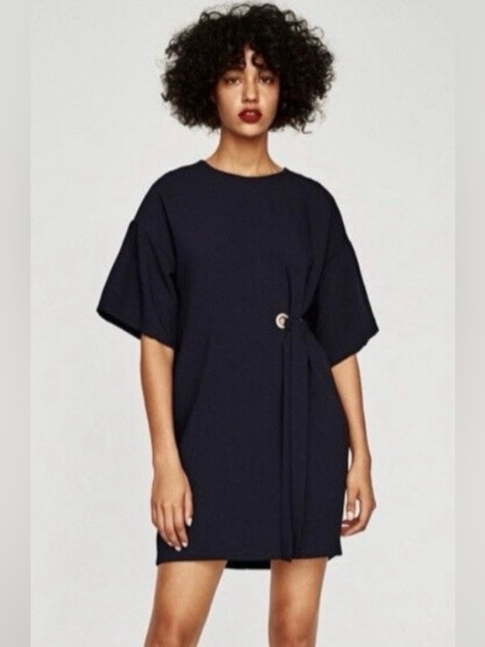 Zara Navy Blue Short Sleeve flare sleeve minimalist Dress with Side Ring Detail